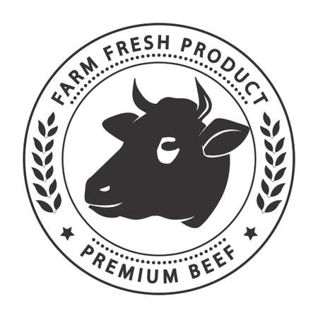 Butcher shop label. Badge with Cow silhouette isolated. Fresh Beef vintage print. Butchery meats farmers market. Prime Beef Stamp. Vectorのイラスト素材