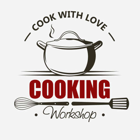 Cooking symbol, emblem set, Saucepan Cook and Food masterclass labels template, Culinary school, food workshop, chef kitchenware, cooking courses. vectorのイラスト素材