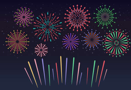Colorful Fireworks on night sky background. Christmas pyrotechnics firecracker. Event service symbol Celebration fire firework. Bright anniversary firecracker flashing on dark blue backdrop. Vector illustrationのイラスト素材