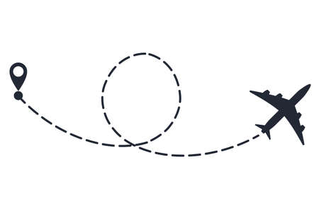 Plane with path of movement, airplane route, aircraft flight move, trajectory dotted line. Black silhouette. Vectorのイラスト素材