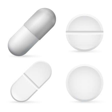 Pills Capsules Template, 3d Realistic White Medical Pill Icon Set Closeup. Pharmacy treatment. Vectorのイラスト素材