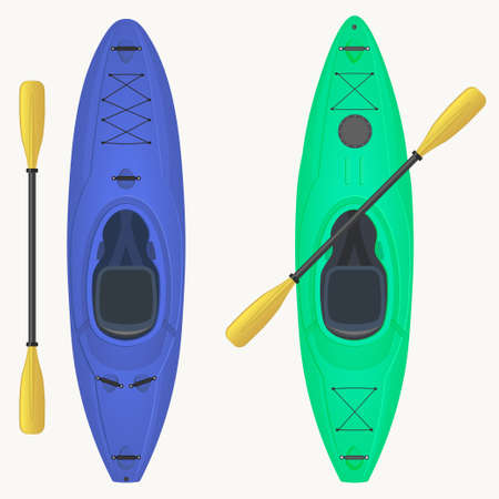 Kayak and paddle. Kayaking Water Sport, Outdoor Activities in Summertime, Canoe Top View. Rafting vessel, Fishing and tourism. Vectorのイラスト素材