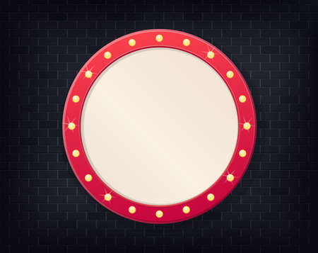 Realistic billboard on dark brick background wall, led lights frame. Vectorのイラスト素材