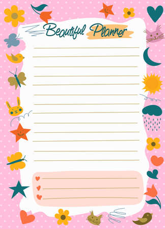 Daily Planner, to do list, Note paper, Stickers templates, cute beauty scheduler or organizer, heart and star In simple kids cartoon style. Vectorのイラスト素材