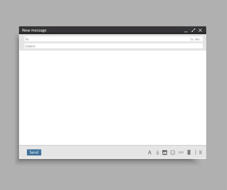 Mail message interface blank website panel screen with send form. Email window interface template. Message isolated frame, blank email UI design. User interface web panel form mail page. Vectorのイラスト素材