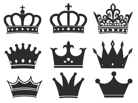 Crown silhouette icon collection. Royal diadem symbol set, majestic tiara black elements. Vector illustrationのイラスト素材
