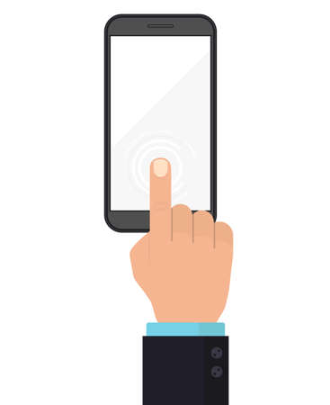 Mobile phone display with hand, finger touch screen, Press the button, top view. Vectorのイラスト素材
