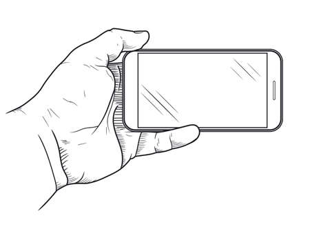 Mobile phone in hand front view. Sketch of human hand which is holding empty smartphone. Cellphone touch screen. Vectorのイラスト素材