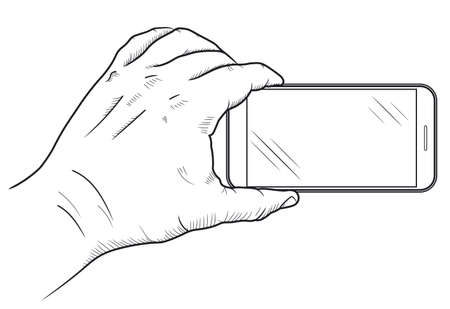 Mobile phone in hand front view. Sketch of human hand which is holding empty smartphone. Cellphone touch screen. Vectorのイラスト素材
