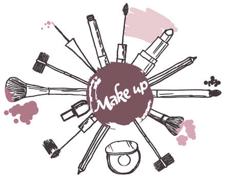 Make up brush cosmetics collection art brush stroke background. Hand drawing pink make-up sketch, mascara, eye shadow, nail polish, powder. Vectorのイラスト素材