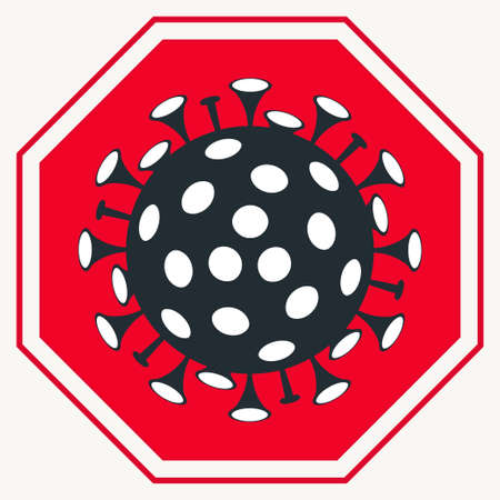 Stop Virus red octagonal sign. Microbe, allergy bacteria, pathogen respiratory infection. Medical healthcare, microbiology concept. Coronavirus. Vectorのイラスト素材