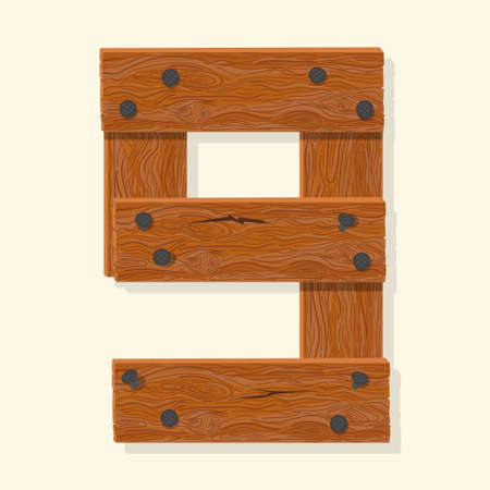Wood number nine, wooden plank numeric digit font made from planks held with nails. Textured brown oak character. Vectorのイラスト素材