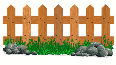 Wooden fence, stones and grass. Garden fences isolated on white background. Vectorのイラスト素材