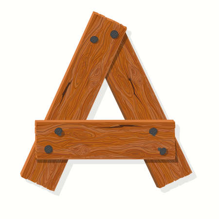 Wooden font, Plank Wood table alphabet Letter A. Old boards with nails ABC. Cartoon style Rough brown Planks vector lettersのイラスト素材