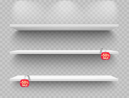 Shop shelves realistic with red sale wobblers. Empty storage racks. Store shelf with round promotional sticker on transparent background. Vector design elementsのイラスト素材