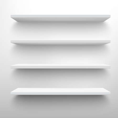 Shop shelves realistic. Empty storage racks. Store shelf on light grey background. Vector design elementsのイラスト素材