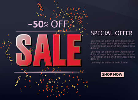 Sale with golden confetti, sale poster, realistic black discount banner template.のイラスト素材