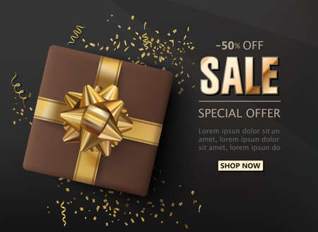 Sale shop background with confetti, gift box and a golden bow, sale poster, realistic black discount banner template. Vectorのイラスト素材