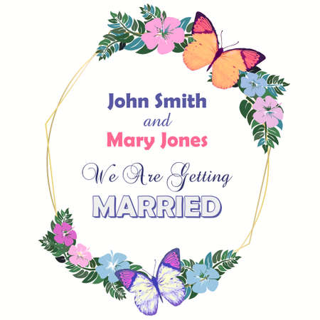 Frame bouquet of orchids and butterfly, botanical natural igreeting card in watercolor. Vectorの写真素材