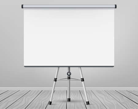 Whiteboard for markers on wooden floor. Presentation, Empty Projection screen. Office board background frameのイラスト素材