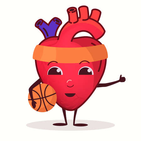 Heart Character with basketball ball, Healthcare training concept, strong heart organ, Healthy lifestyle, gym sport training. Vectorのイラスト素材