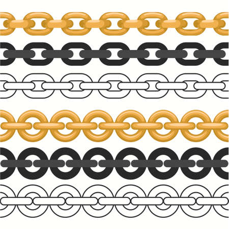 Golden chain set. Seamless realistic golden jewelry links. Luxury Thin metallic chains. Vectorのイラスト素材