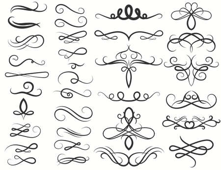 Calligraphy Swirl, Ink Pen Filigree flourishes. Ornate frame elements. Vintage Curl and swirly line. Vectorのイラスト素材