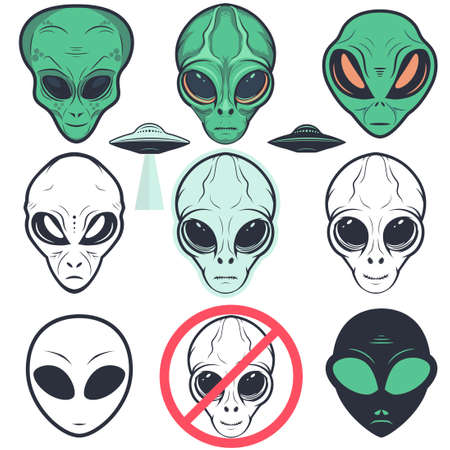 Alien face icon set, humanoid head, vectorのイラスト素材