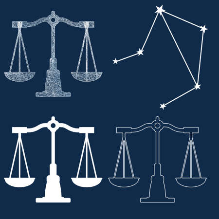Libra horoscope silhouette. Zodiac neon symbol on blue background. Hologram scales. Balance and finance backdrop. Vectorのイラスト素材