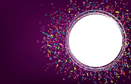 Colorful Confetti And Ribbons with emrty circle on dark purple background. Vectorのイラスト素材