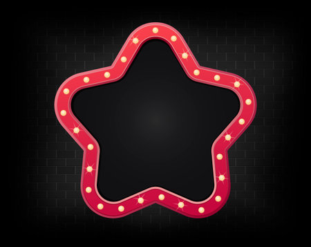 Realistic billboard on dark brick background wall, led lights frame. Vectorの写真素材