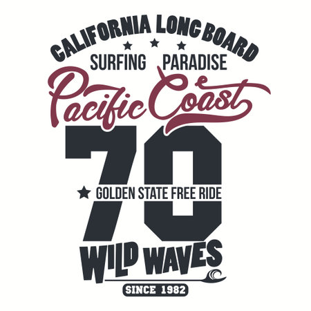 Surfing t-shirt graphic design. California surfers wear typographyのイラスト素材