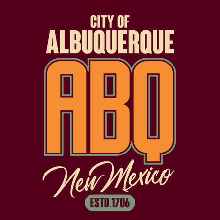 T-shirt vector emblem. Athletics typography stamp, Albuquerque, New Mexico graphic print, vintage sport wear, tee apparel designのイラスト素材