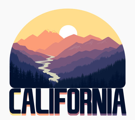 California Mountains t-shirt vector emblem graphics. Golden State National Forest print. Rock climbing typography, hiking stamp, , vintage tee apparel designのイラスト素材