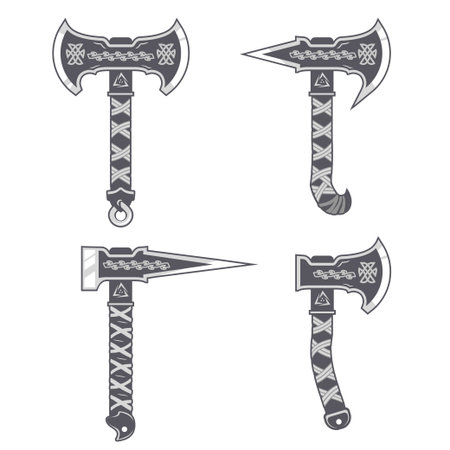 Viking battle axes in grey tones. Set of four medieval weapons with Nordic ornament. Vectorのイラスト素材