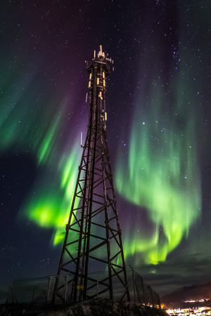 Northern lights over telecommunication tower, Nuuk Greenlandの写真素材