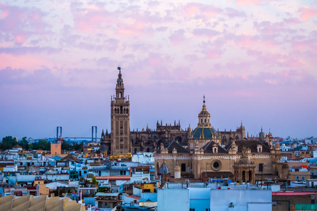 Sunset in Seville, view from Metropol Parasol at the old Cathedral, Seville,Spainの写真素材