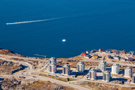 Aerial view of Nuuk city with modern streets and buildings at the fjord, Greenlandの写真素材
