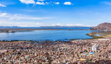 Peruvian city Puno and lake Titicaca panorama, Peruの写真素材