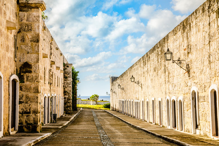 La Cabana inner yard fortress walls with blue sky and clouds, Havana, Cubaのeditorial素材
