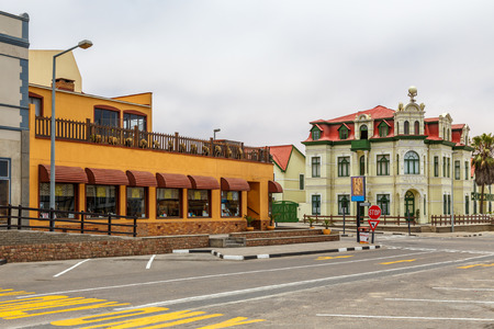 Old German colonial buildings and empty streets of Swakopmund, Namibiaの写真素材