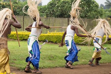 Rwandan men tribal ritual dancing celebration, Virunga National Park, Rwandaのeditorial素材