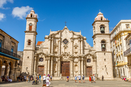 Cathedral Square with catholic church and bell towers, historical center of Old Havana, Cubaのeditorial素材