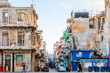 Ruined buildings and slums along the road, Havana city center, Cubaのeditorial素材