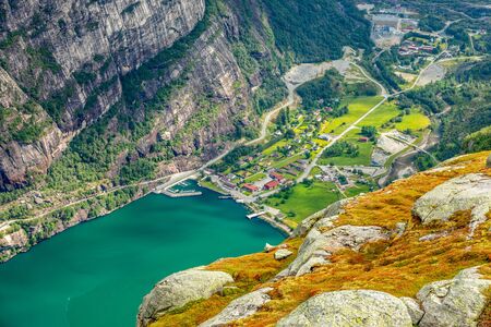 View from the Kjerag trail to Lyseboth norwegian village located at the end of Lysefjord, Forsand...