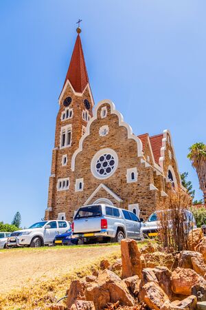 Luteran Christ Church and road with cars in front, Windhoek, Namibiaの写真素材