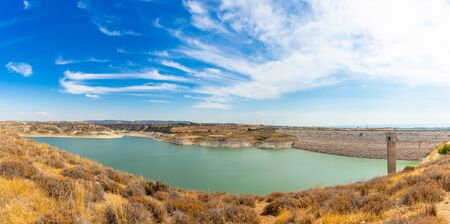 Asprokremmos reservoir fresh water lake panorama with blue sky, Paphos district, Cyprosの写真素材