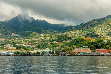 Coastline view with lots of living houses on the hill, Kingstown, Saint Vincent and the Grenadines