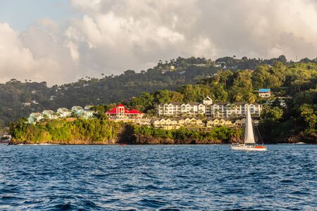 Coastline view with  villas and resorts on the hill, Castries, Saint Luciaの写真素材