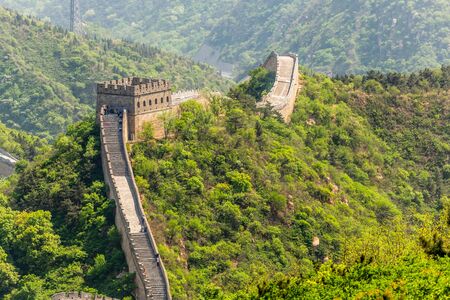 Panorama of Great Wall of China among the green hills and mountains near Beijing, Chinaの写真素材